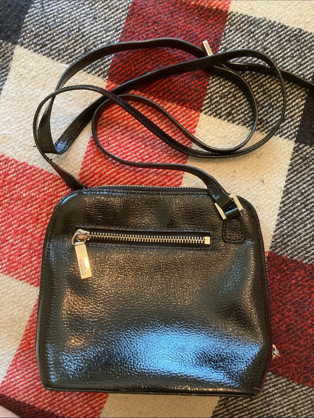 HOBO small Black Patent Leather Crossbody with silver Hardware